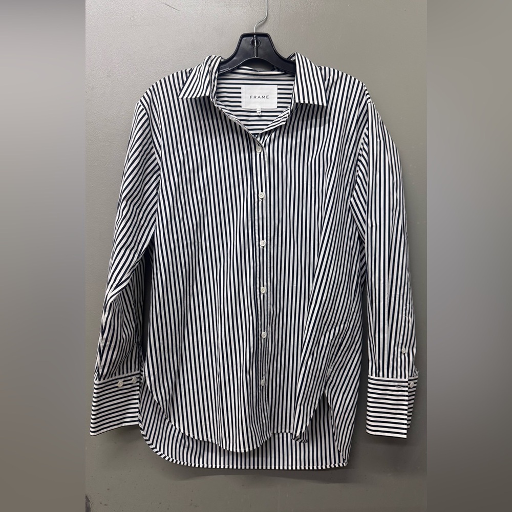 Frame Navy Striped Organic Cotton Poplin Shirt Womens Size Small Like New